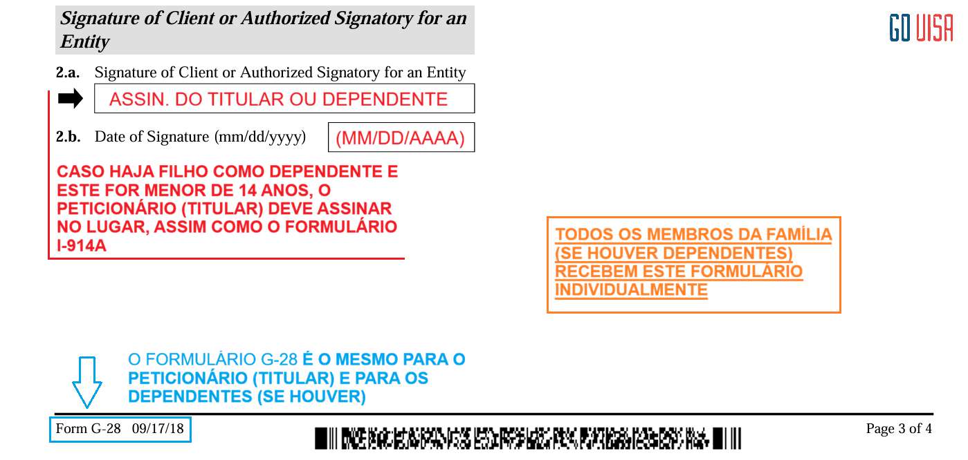 Campo de assinatura do formulário G-28, usado tanto pelo Titular quanto pelo Dependente